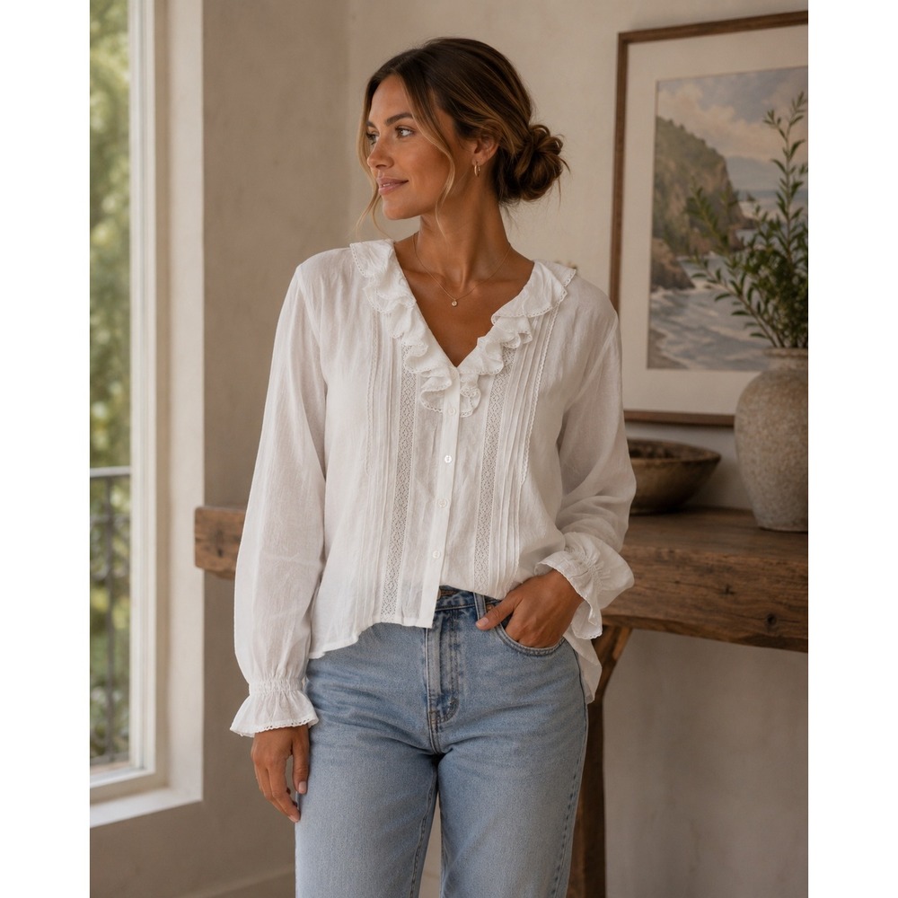 Hester & Orchard Blouse Womens Medium White Cottagecore Boho Lace Ruffle
